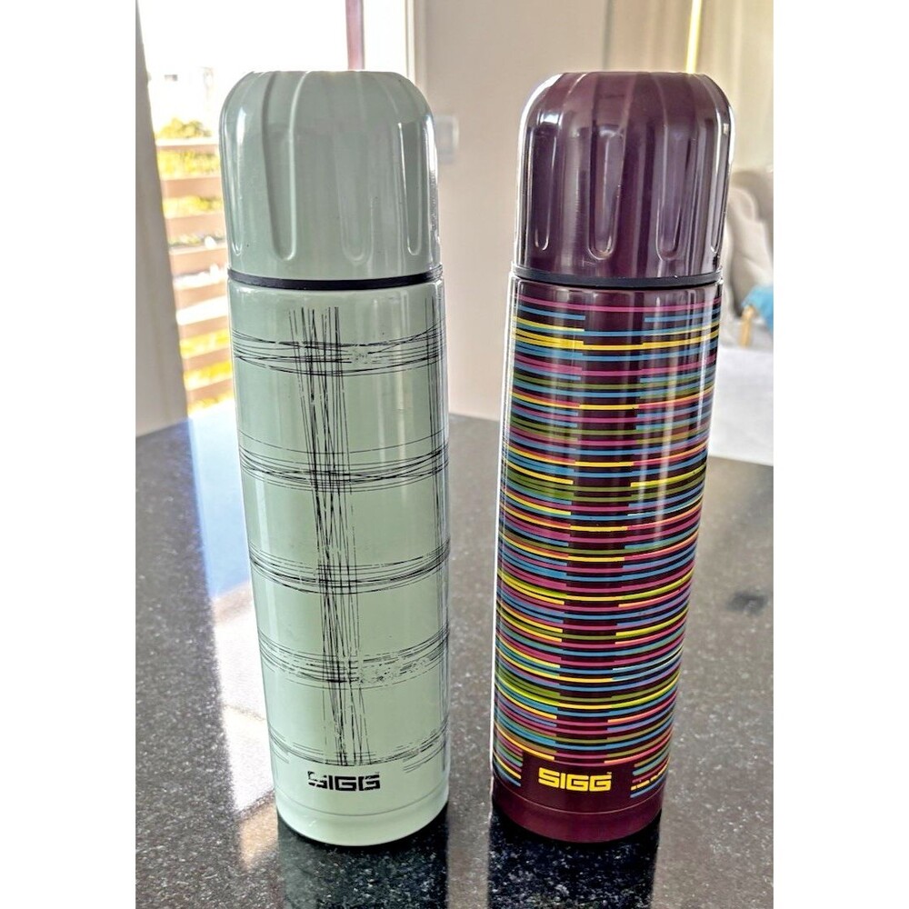 SIGG Swiss Thermo Flask Bottles – Mint / Plaid Grey & Rainbow Stripe Pair